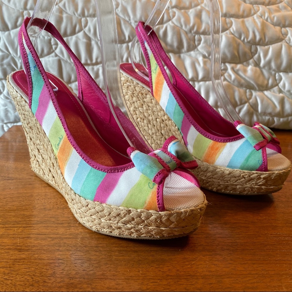 Coach Grace espadrille sling back platform heels in watercolor stripe size 9.5